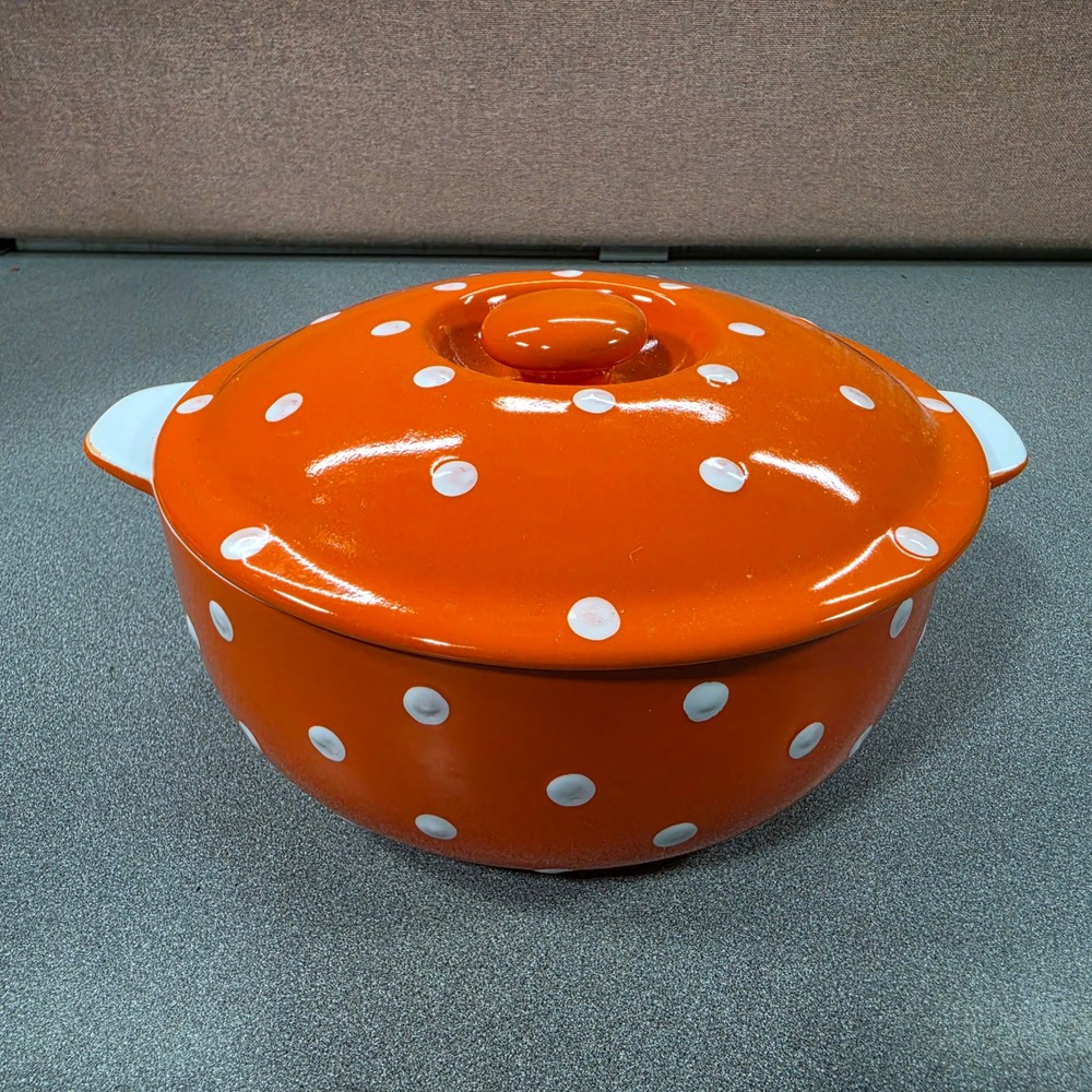 Cook's Tools Casserole Dish Medium Orange Polka Dot Excellent Ceramic